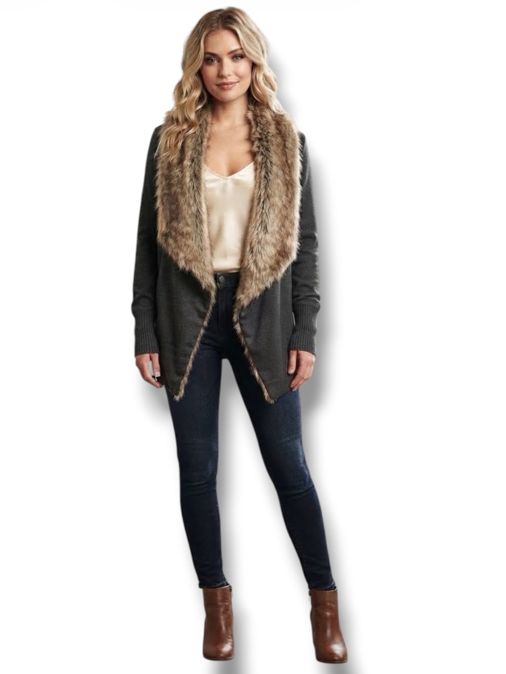 Hollister Dark Gray Faux Fur Shawl Collar Cardigan Jacket Sweatshirt XS/S